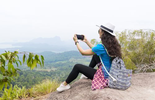 Preview: Woman With Backpack Take Photo Of Landscape From Mountain Top On Cell Smart Phone Back Rear View