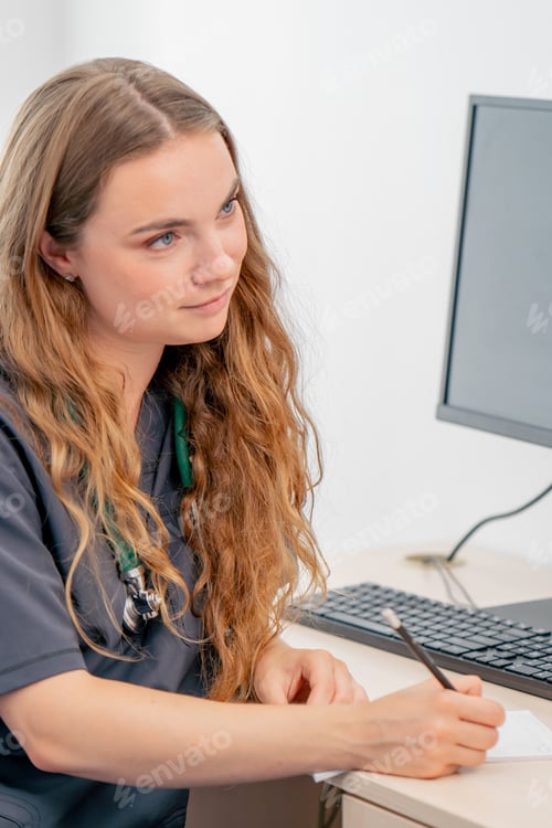 Preview: close-up In a modern clinic in a small therapist s office, a young girl doctor with a stethoscope