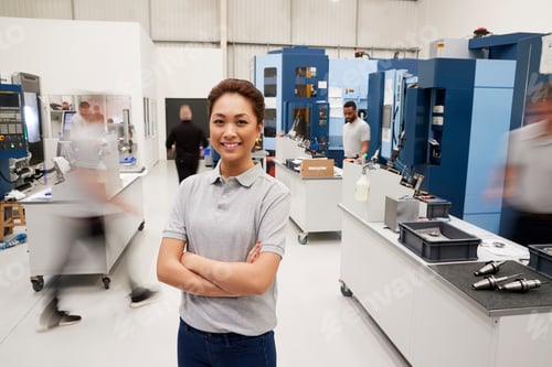 Preview: Portrait Of Female Engineer On Factory Floor Of Busy Workshop