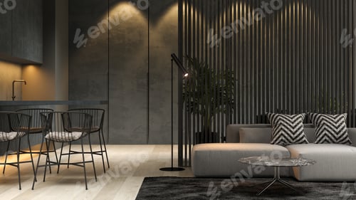 Preview: Black minimalist Interior of modern living room 3D rendering