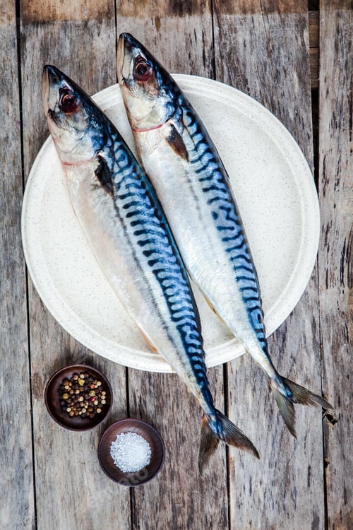 Preview: Two raw fresh mackerel fishes on a plate with salt and pepper