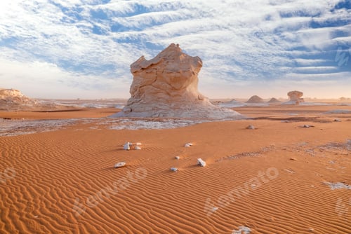 Preview: Limestone rocks in the White Desert at sunset. Egypt, mushroom rocks in the desert