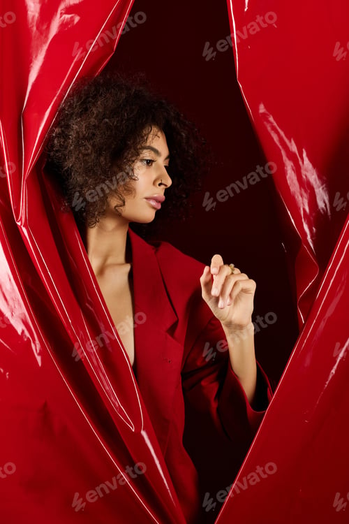 Preview: Curly young woman in a stylish red outfit celebrating love and fashion