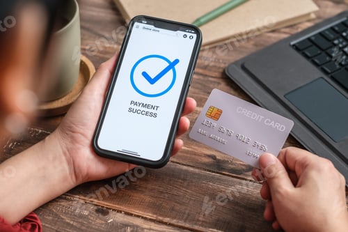 Preview: close up woman hand payment by credit card shopping online success on mobile app at home