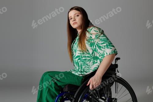 Preview: Young woman in green attire sits in wheelchair
