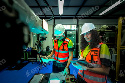 Preview: team of male and female engineers in full safety gear collaborates on machine maintenance