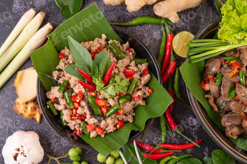 Preview: Stir-fried pork basil on banana leaves in a frying pan.