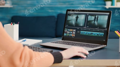 Preview: Content creator editing video montage on film production software