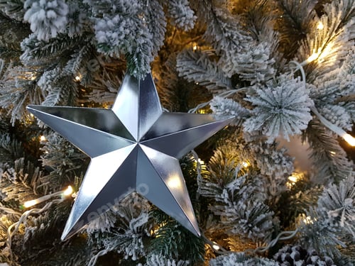 Preview: Silver star on an artificial Christmas tree with snow and pine cones.