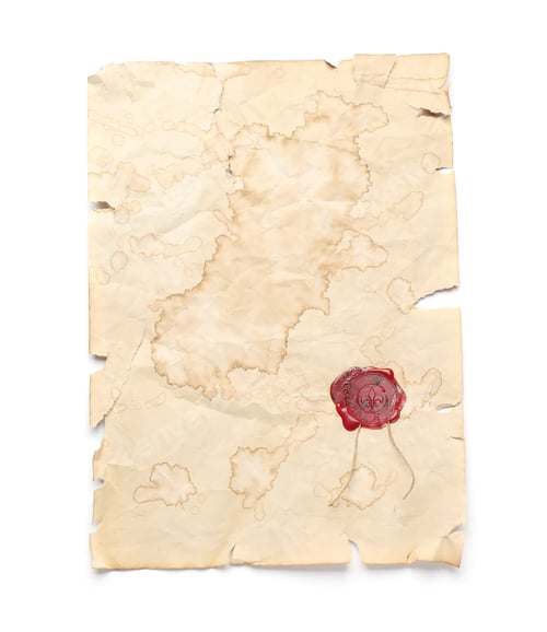 Preview: Sheet of old parchment paper with wax stamp isolated on white, top view. Space for design