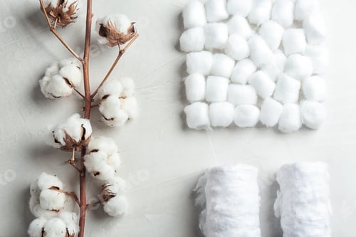 Preview: Flat lay composition with cotton balls, rolls and flowers on grey stone background
