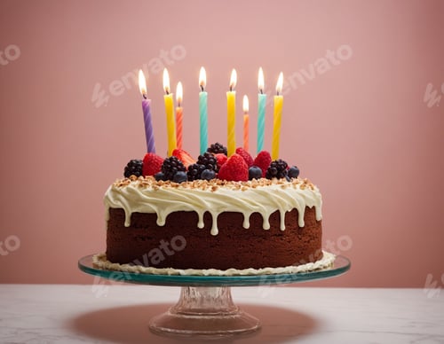 Preview: Chocolate cake topped with cream, nuts, strawberries, blackberries, blueberries and colorful candles