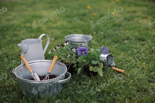 Preview: Gardening Tools and Pansies on Green Grass