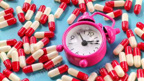 Preview: Pink Alarm Clock and Medical Capsules on Blue Background