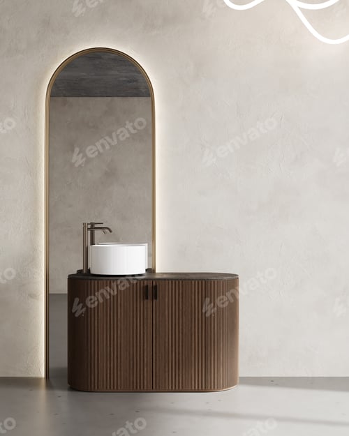 Preview: bathroom interior with decorative plaster wall, wooden furniture, mirror with sink, 3d rendering