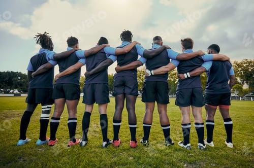 Preview: Back view, men or rugby team in stadium with support, unity or pride ready for a sports game togeth