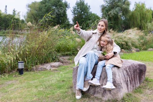 Preview: Mother and daughter sitting on a rock in a park and pointing at something