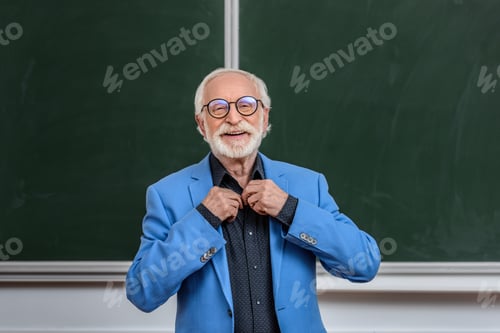 Preview: happy senior lecturer buttoning shirt