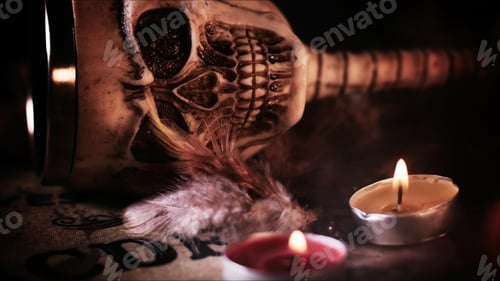 Preview: Creepy Skull on a Witchcraft Ouija Board and Candles