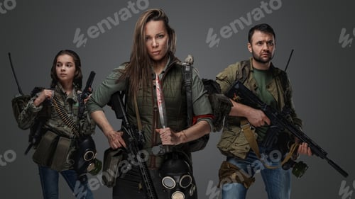 Preview: Post apocalyptic woman with knife against little girl and man