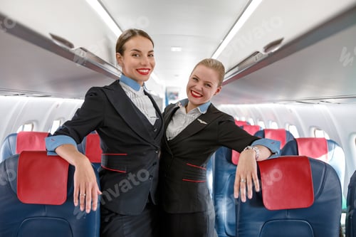Preview: Cheerful women stewardesses standing in passenger airplane cabin
