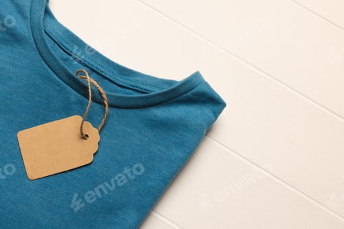 Preview: Close up of flat lay of blue t shirt with tag and copy space on white boards background