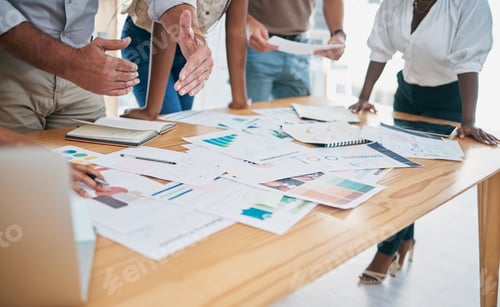 Preview: Documents, meeting and startup team in workshop for kpi strategy, planning or financial project for