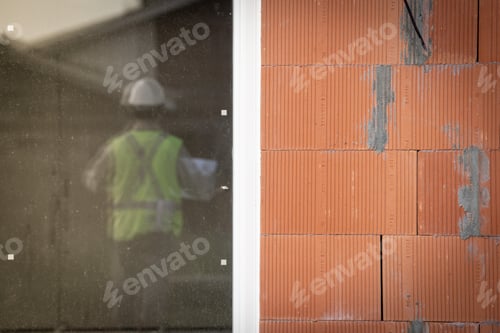 Preview: Professional Engineer Architect Worker With Protective Helmet At House Building Construction Site
