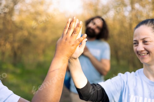 Preview: Happy team of environmentalists share high five with each other