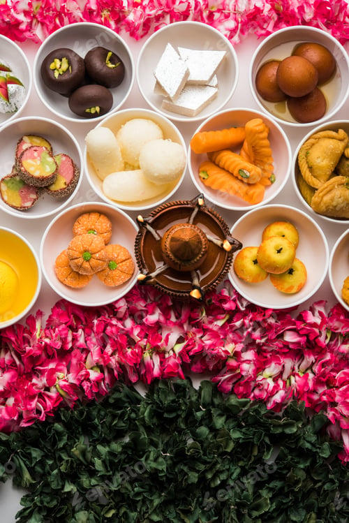 Preview: Flower Rangoli decoration with sweets or mithai in bowls