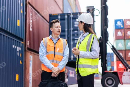 Preview: Caucasian business man and woman worker working in container terminal.