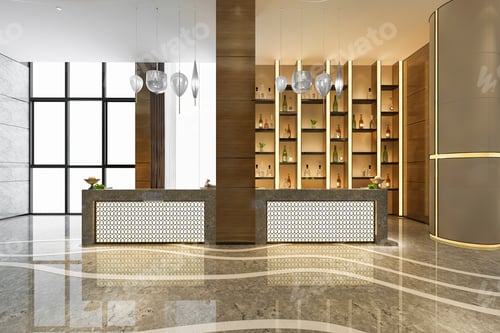 Preview: 3d rendering luxury hotel reception hall and office with decor shelf