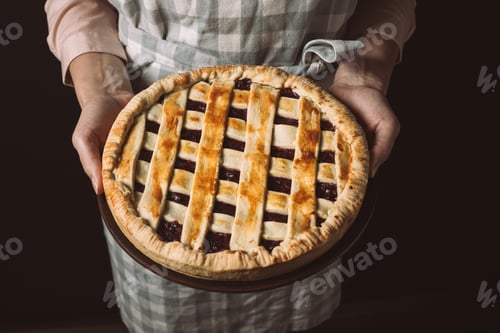 Preview: cropped shot of woman holding homemade pie in hands isolated on black