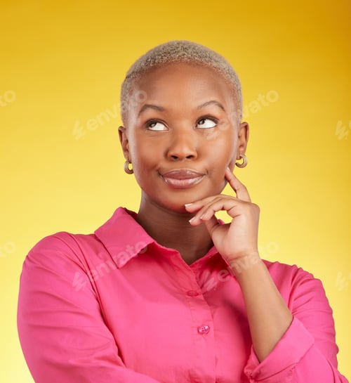 Preview: Annoyed, face and black woman in studio with bad attitude, rolling eyes or doubt emoji on yellow ba