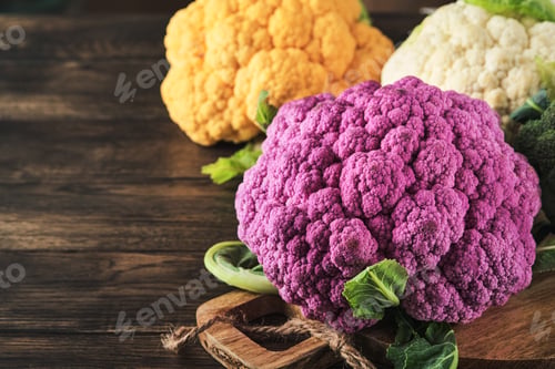 Preview: Colorfu cauliflower. Various sort of cauliflower on old wooden background. Purple, yellow, white and