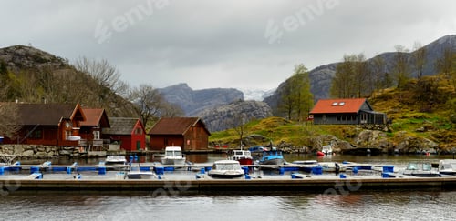 Preview: Panoramic view of village and harbor, Lysefjord, Rogaland County, Norway