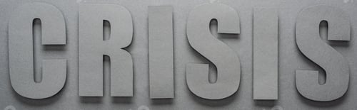 Preview: top view of word crisis on grey background with shadows, panoramic shot