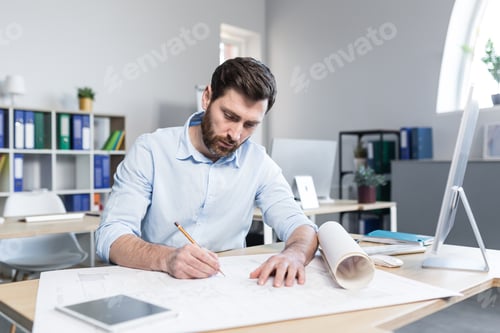 Preview: Young male architect, designer making drawings and project on whatman