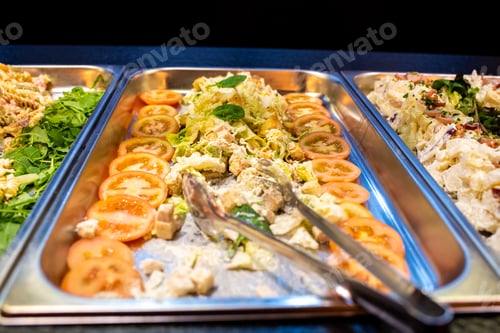 Preview: Trays with pasta dishes for self-service buffet in a restaurant.