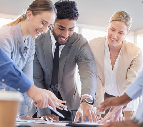 Preview: Meeting, office and happy business people with technology for discussion, marketing strategy and pl