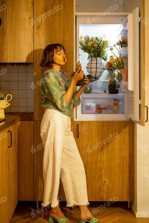 Preview: Woman opens fridge filled with fresh flowers at home