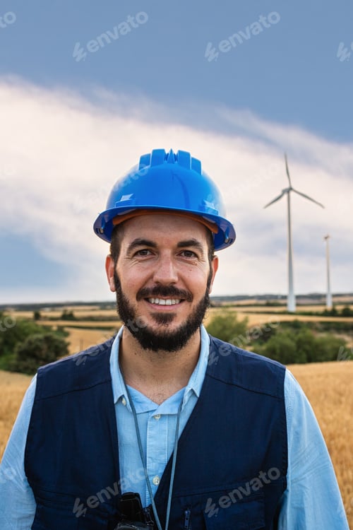 Preview: Vertical portrait of happy electric engineer standing at wind turbine farm looking at camera.