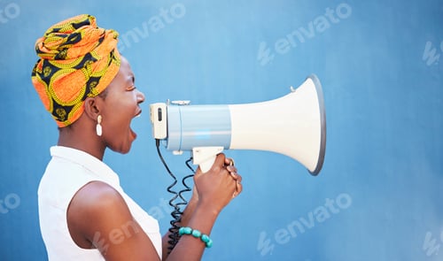 Preview: Black woman, megaphone and free space for freedom of speech, justice and equality on blue backgroun
