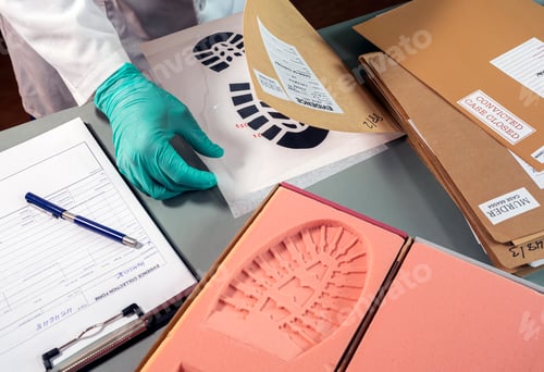 Preview: Forensic scientist investigates shoeprint mould evidence in crime lab, conceptual image