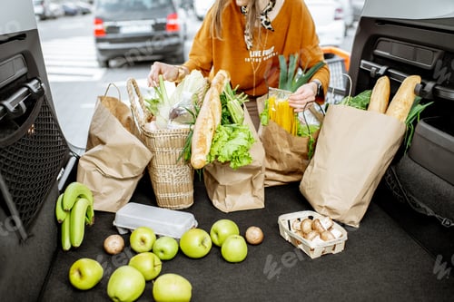 Preview: Woman packing shopping bags into the car trunk