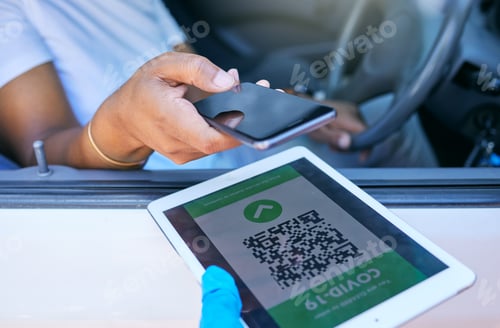 Preview: Covid barcode, code or password being scanned with a phone to enter a shopping mall, parking lot or