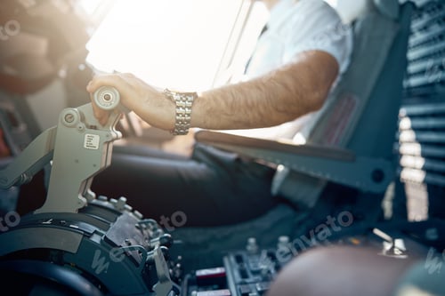 Preview: Side view of male hand on the throttle of civil passenger airplane