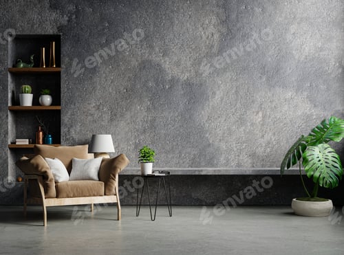 Preview: Living room interior style loft on empty concrete wall background.
