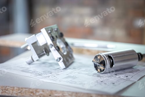 Preview: Close-up of a precision drilling device and a hinge drill.