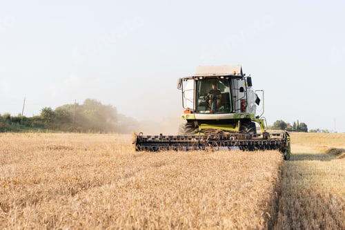 Preview: Young farmer driving combine harvester with header on dry wheat field